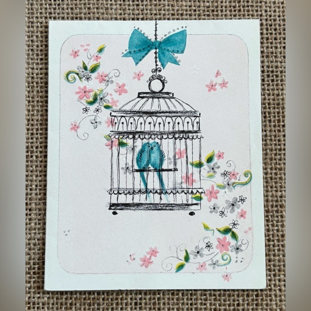 Vintage Hallmark Blank Paper Note Card Birds Cage Shabby Floral Junk Journaling